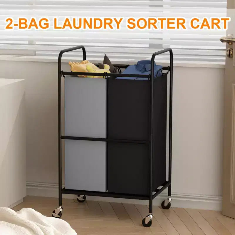 Panier de tri à linge robuste, 2 sacs amovibles de 40 L, grande capacité, roulettes verrouillables, panier à linge roulant peu encombrant pour vêtements sales