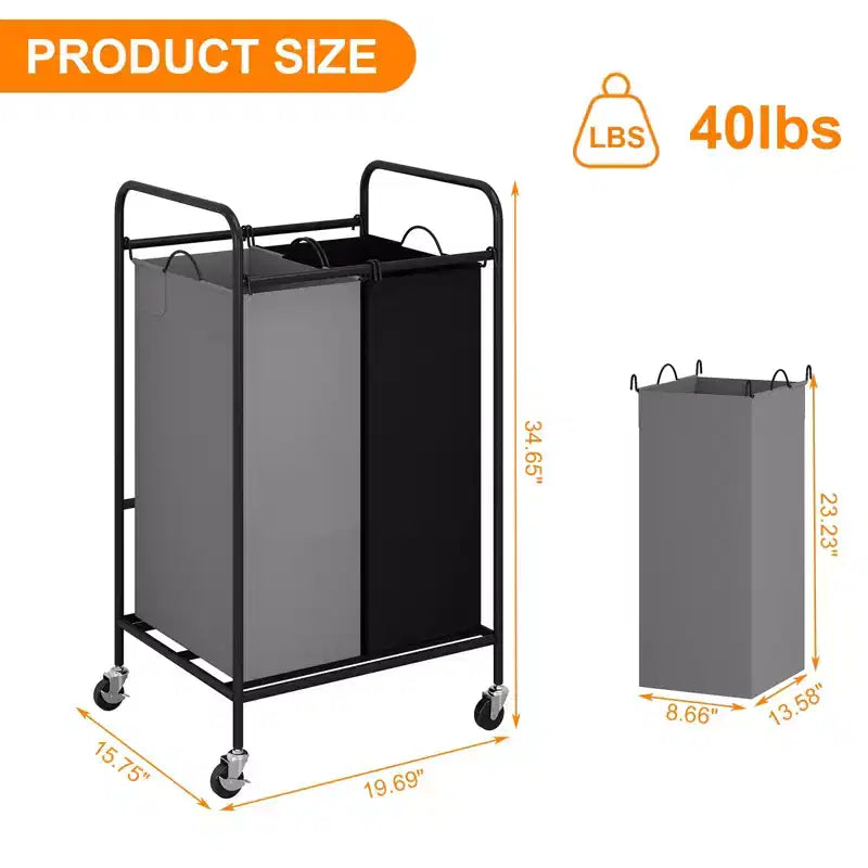 Panier de tri à linge robuste, 2 sacs amovibles de 40 L, grande capacité, roulettes verrouillables, panier à linge roulant peu encombrant pour vêtements sales