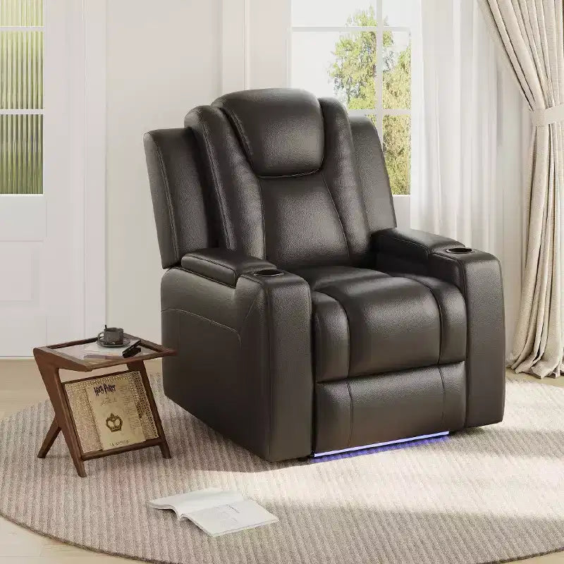 Fauteuil inclinable électrique avec LED 7 couleurs, cuir véritable, double moteur et rangement dissimulé pour salon, bureau ou chambre