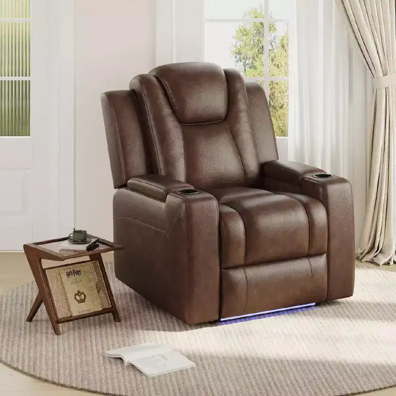 Fauteuil inclinable électrique avec LED 7 couleurs, cuir véritable, double moteur et rangement dissimulé pour salon, bureau ou chambre