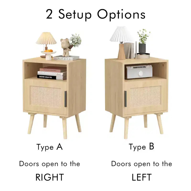 Table de chevet FurnitureR en MDF aspect bois naturel avec porte en cannage, table de chevet avec étagère ouverte et armoire de rangement, pieds coniques pour chambre à coucher