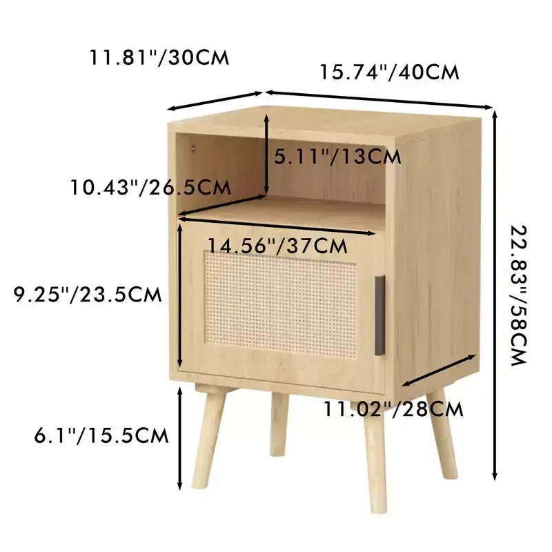 Table de chevet FurnitureR en MDF aspect bois naturel avec porte en cannage, table de chevet avec étagère ouverte et armoire de rangement, pieds coniques pour chambre à coucher