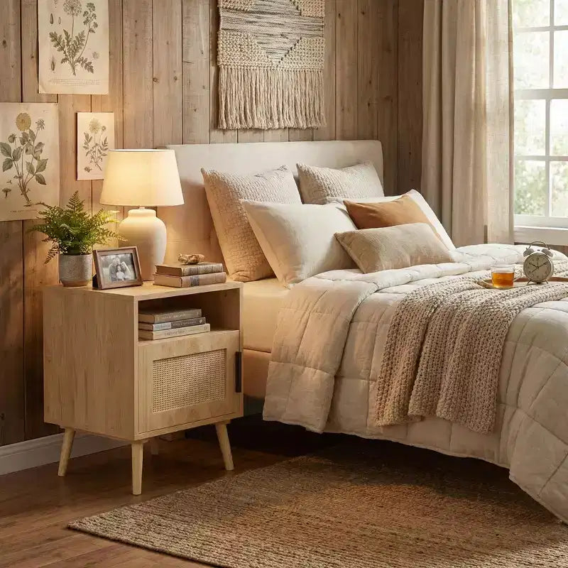 Table de chevet FurnitureR en MDF aspect bois naturel avec porte en cannage, table de chevet avec étagère ouverte et armoire de rangement, pieds coniques pour chambre à coucher