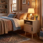 Table de chevet FurnitureR en MDF aspect bois naturel avec porte en cannage, table de chevet avec étagère ouverte et armoire de rangement, pieds coniques pour chambre à coucher