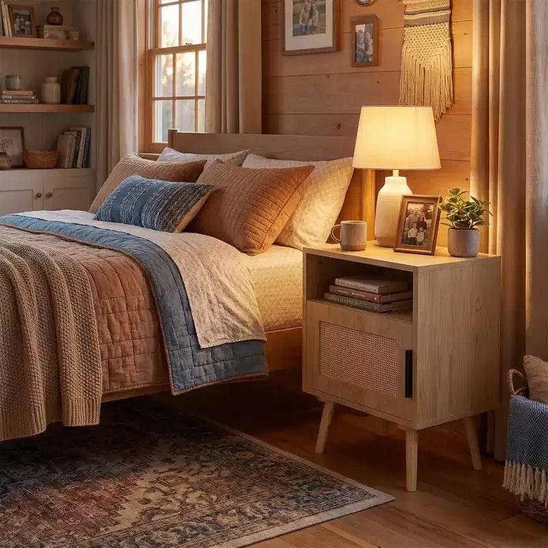 Table de chevet FurnitureR en MDF aspect bois naturel avec porte en cannage, table de chevet avec étagère ouverte et armoire de rangement, pieds coniques pour chambre à coucher