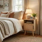 Table de chevet FurnitureR en MDF aspect bois naturel avec porte en cannage, table de chevet avec étagère ouverte et armoire de rangement, pieds coniques pour chambre à coucher