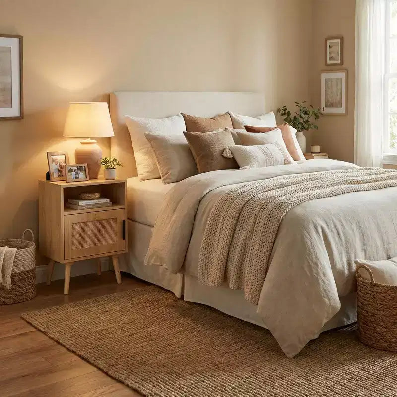 Table de chevet FurnitureR en MDF aspect bois naturel avec porte en cannage, table de chevet avec étagère ouverte et armoire de rangement, pieds coniques pour chambre à coucher