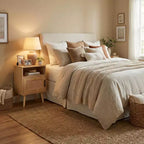 Table de chevet FurnitureR en MDF aspect bois naturel avec porte en cannage, table de chevet avec étagère ouverte et armoire de rangement, pieds coniques pour chambre à coucher