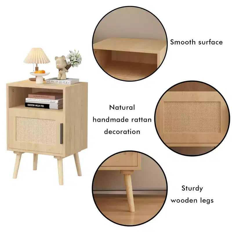 Table de chevet FurnitureR en MDF aspect bois naturel avec porte en cannage, table de chevet avec étagère ouverte et armoire de rangement, pieds coniques pour chambre à coucher