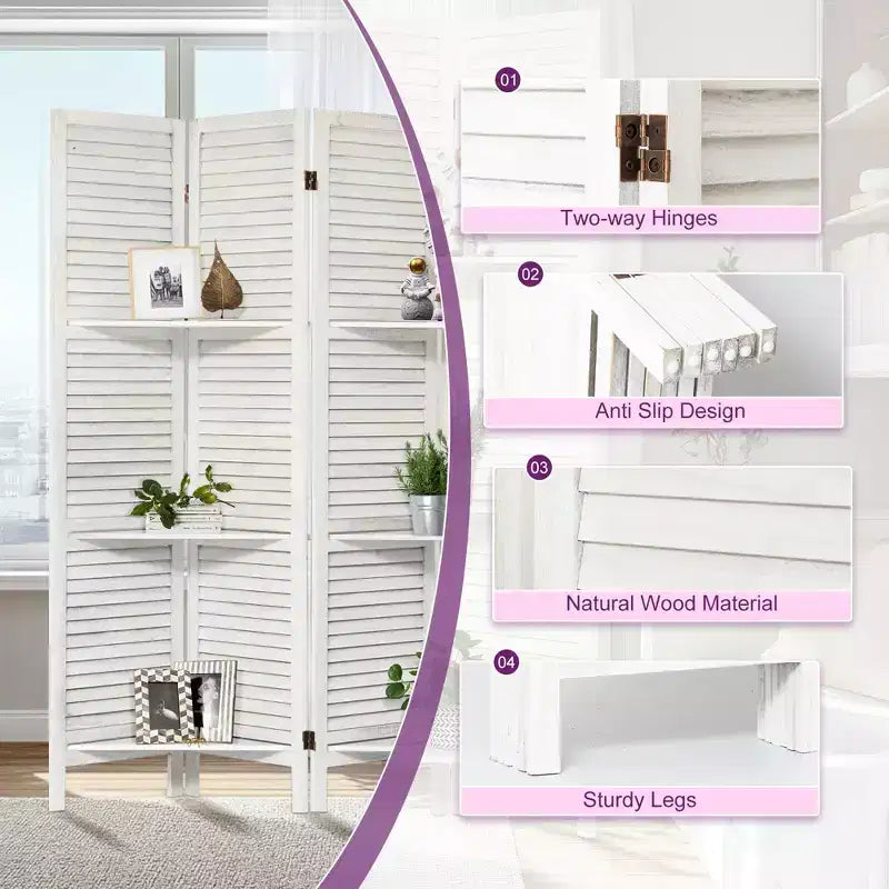 Paravent en bois à 6 panneaux Dovelina avec 3 étagères de présentation, paravent pliant de 1,70 m, blanc/bois/marron