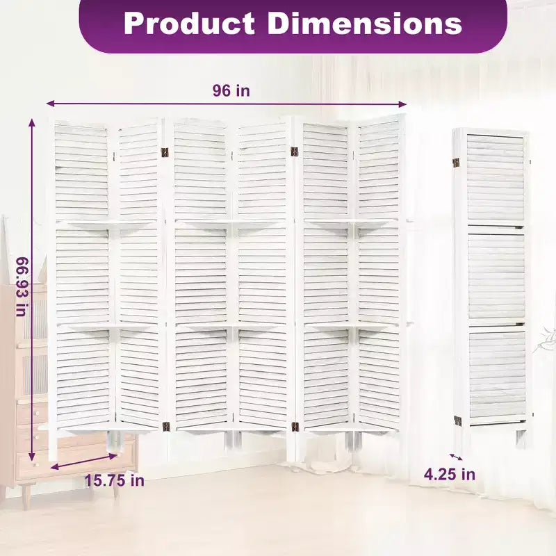 Paravent en bois à 6 panneaux Dovelina avec 3 étagères de présentation, paravent pliant de 1,70 m, blanc/bois/marron