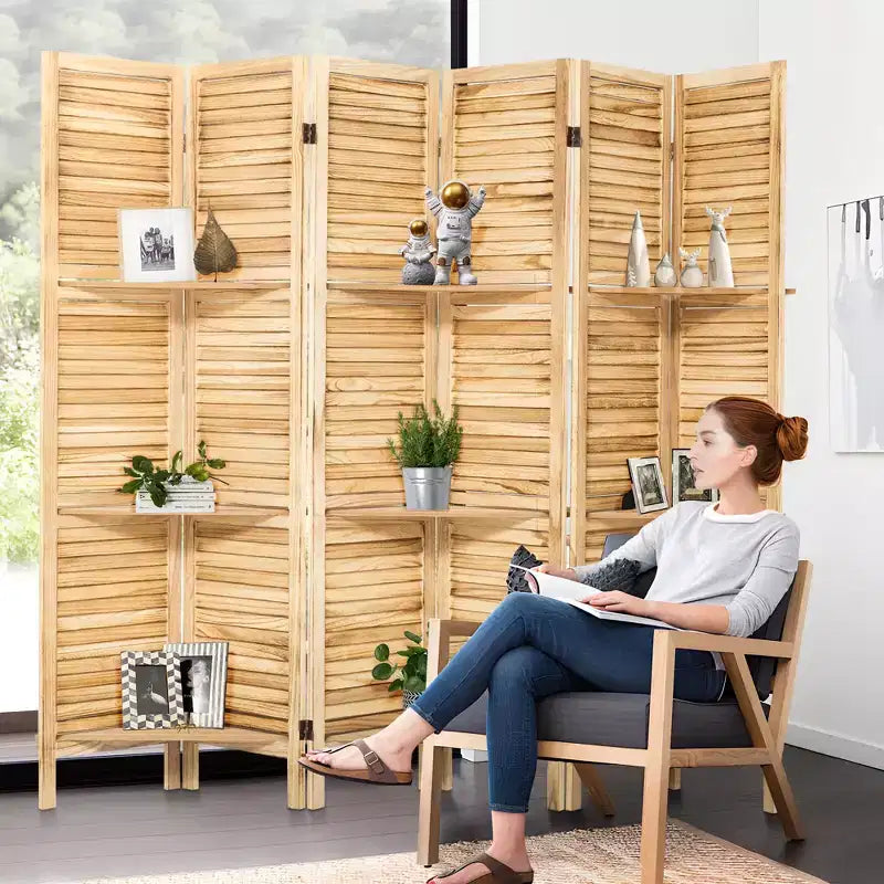 Paravent en bois à 6 panneaux Dovelina avec 3 étagères de présentation, paravent pliant de 1,70 m, blanc/bois/marron