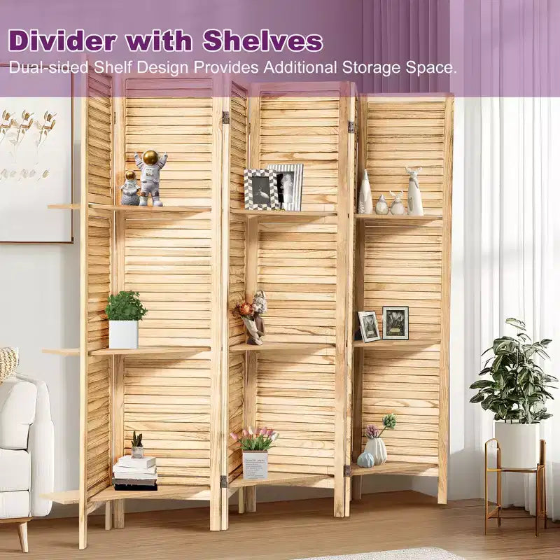 Paravent en bois à 6 panneaux Dovelina avec 3 étagères de présentation, paravent pliant de 1,70 m, blanc/bois/marron