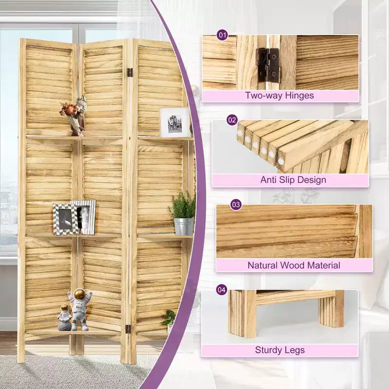 Paravent en bois à 6 panneaux Dovelina avec 3 étagères de présentation, paravent pliant de 1,70 m, blanc/bois/marron