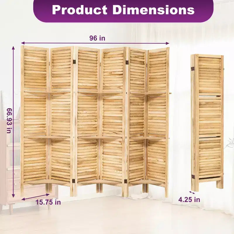 Paravent en bois à 6 panneaux Dovelina avec 3 étagères de présentation, paravent pliant de 1,70 m, blanc/bois/marron