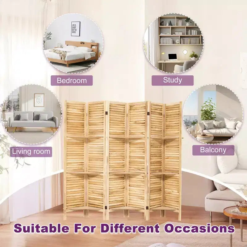 Paravent en bois à 6 panneaux Dovelina avec 3 étagères de présentation, paravent pliant de 1,70 m, blanc/bois/marron