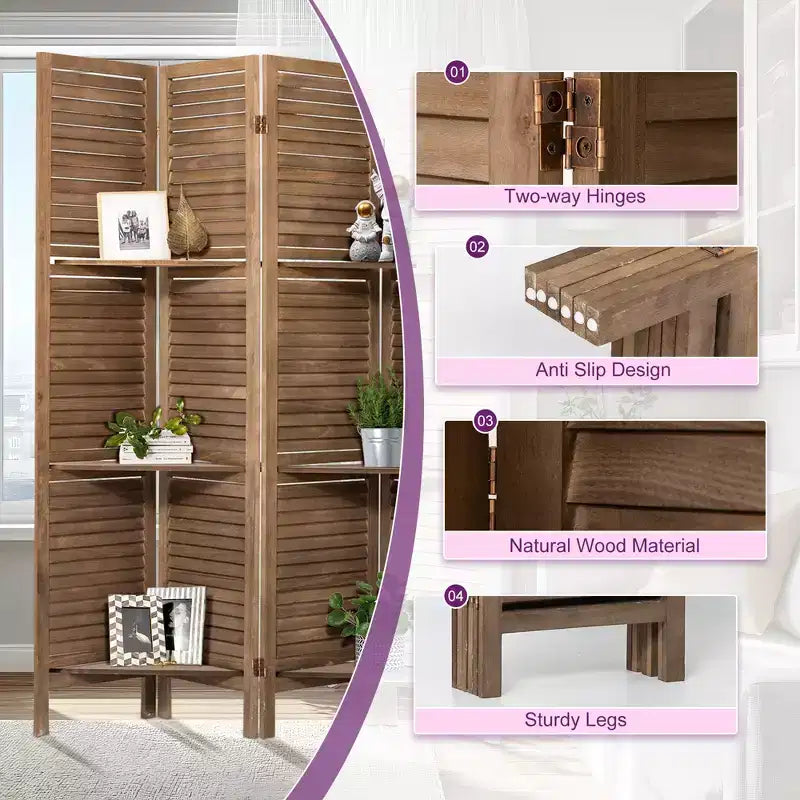 Paravent en bois à 6 panneaux Dovelina avec 3 étagères de présentation, paravent pliant de 1,70 m, blanc/bois/marron