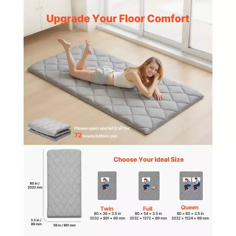 Tapis Tatami Japonais VEVOR, Matelas Tatami Japonais Pliable Taille Double, Matelas Futon avec Sac de Rangement, Tapis de Sol 9 Couches, 80 x 39 x 3,5 po, Gris