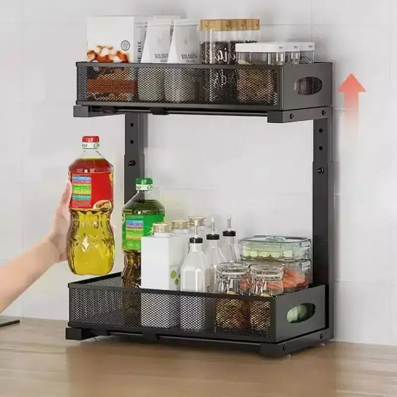 Organisateur sous évier à 2 niveaux, Organisateur de placard en métal à tiroirs coulissants, Rangement pour cuisine/salle de bain/placard