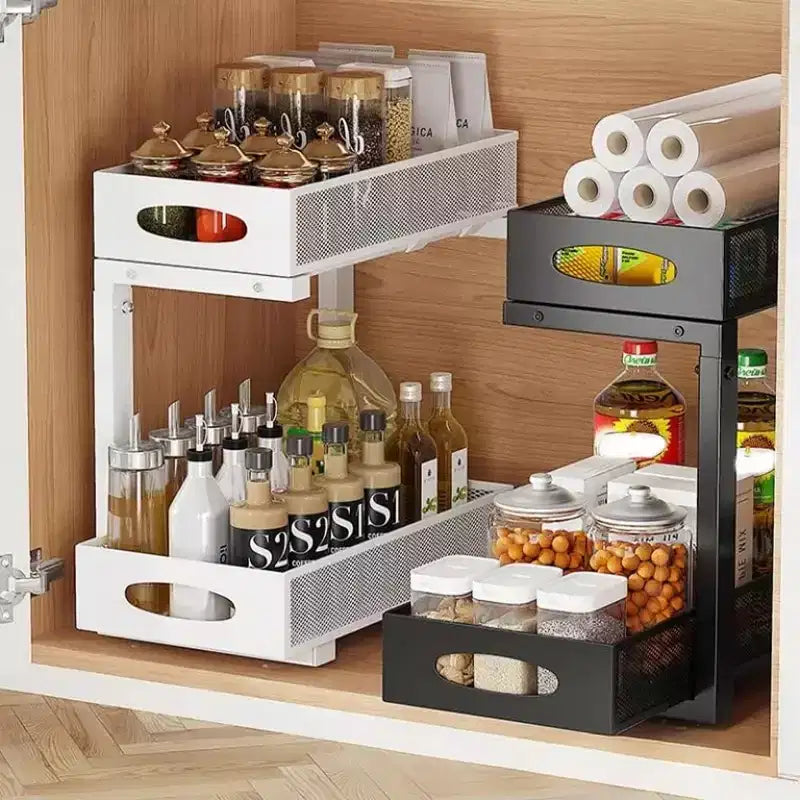 Organisateur sous évier à 2 niveaux, Organisateur de placard en métal à tiroirs coulissants, Rangement pour cuisine/salle de bain/placard