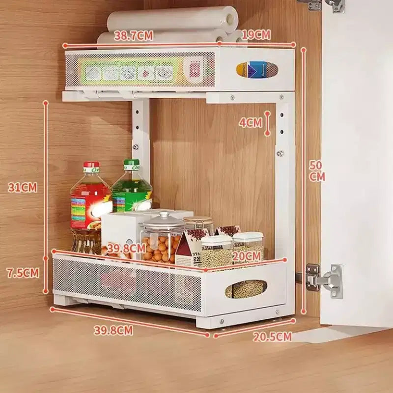 Organisateur sous évier à 2 niveaux, Organisateur de placard en métal à tiroirs coulissants, Rangement pour cuisine/salle de bain/placard