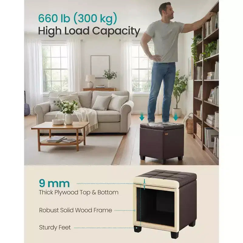 SONGMICS Pouf de rangement carré, tabouret repose-pieds avec pieds, pouf cube, 42,9 x 42,9 x 46 cm