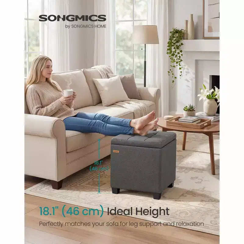 SONGMICS Pouf de rangement carré, tabouret repose-pieds avec pieds, pouf cube, 42,9 x 42,9 x 46 cm