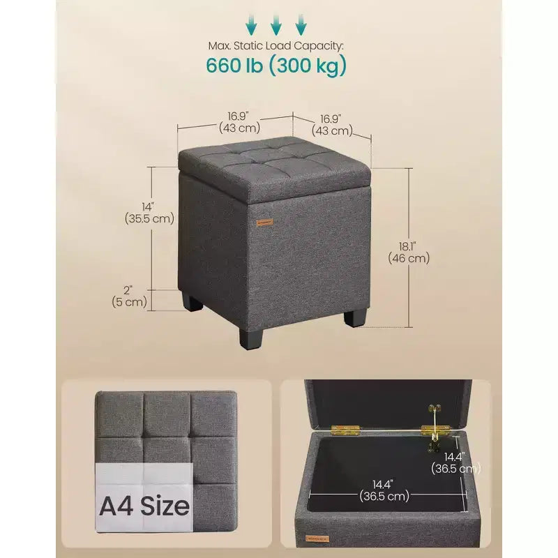 SONGMICS Pouf de rangement carré, tabouret repose-pieds avec pieds, pouf cube, 42,9 x 42,9 x 46 cm