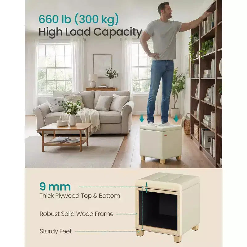 SONGMICS Pouf de rangement carré, tabouret repose-pieds avec pieds, pouf cube, 42,9 x 42,9 x 46 cm