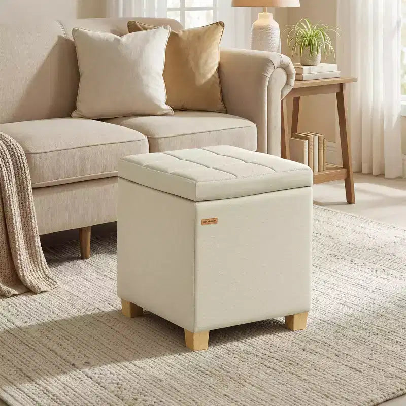 SONGMICS Pouf de rangement carré, tabouret repose-pieds avec pieds, pouf cube, 42,9 x 42,9 x 46 cm