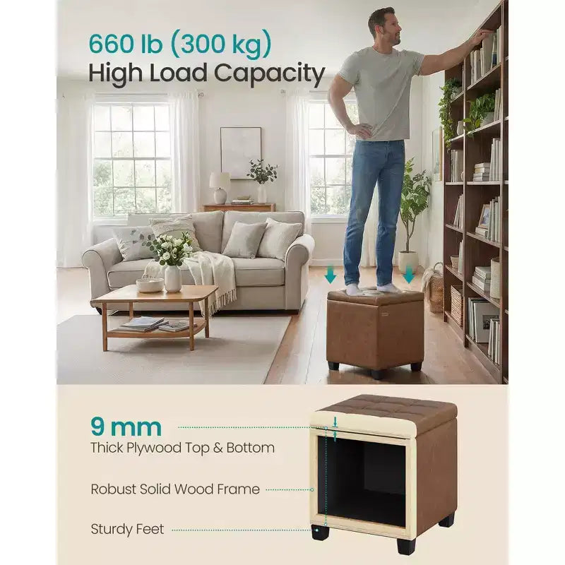 SONGMICS Pouf de rangement carré, tabouret repose-pieds avec pieds, pouf cube, 42,9 x 42,9 x 46 cm