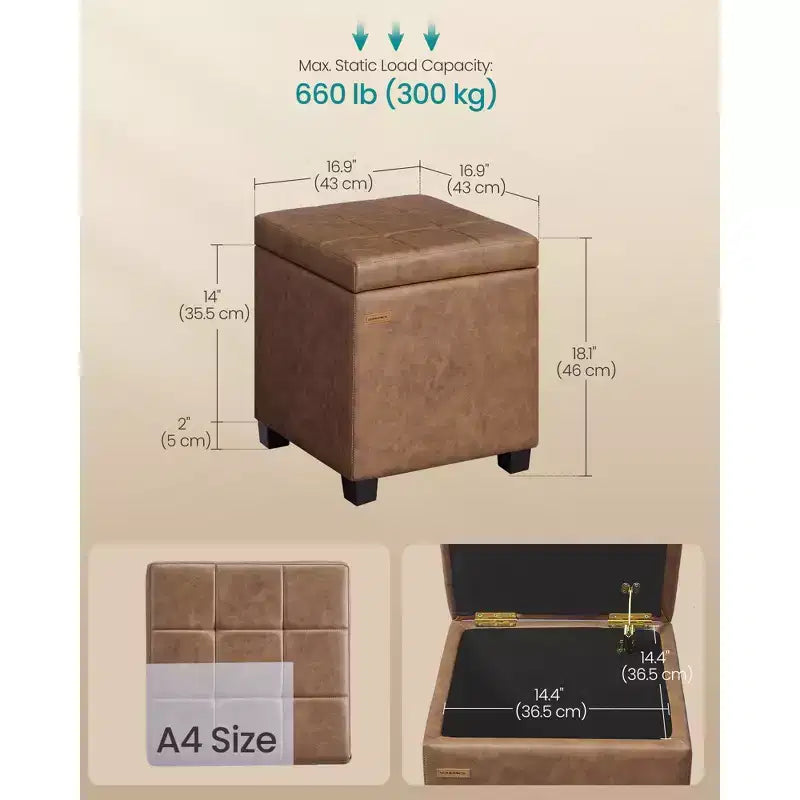 SONGMICS Pouf de rangement carré, tabouret repose-pieds avec pieds, pouf cube, 42,9 x 42,9 x 46 cm