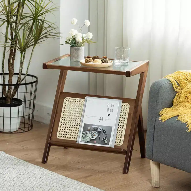 Table d'appoint GDFStudio Zack Bohème en bambou et rotin avec plateau en verre
