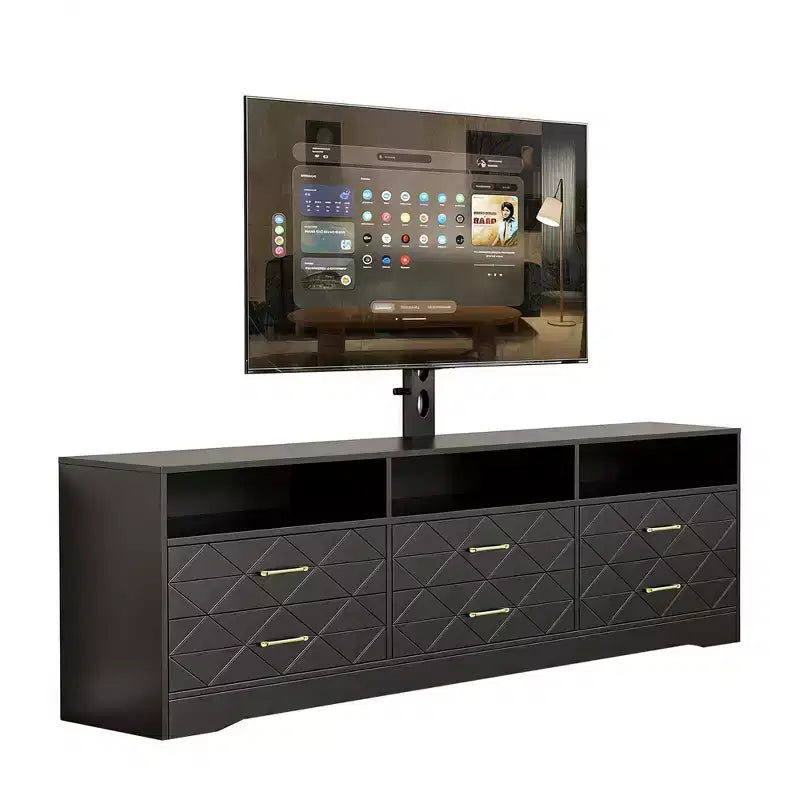 Meuble TV avec support pour téléviseurs de 35 à 85 pouces, centre de divertissement à 6 tiroirs, console média de rangement réglable pour salon