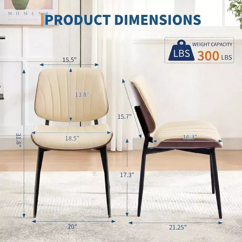 GustoWave Lot de 2 chaises de salle à manger modernes du milieu du siècle, assise en cuir PU, dossier en bois courbé noyer, pieds en métal, cuisine vintage, salle à manger, beige