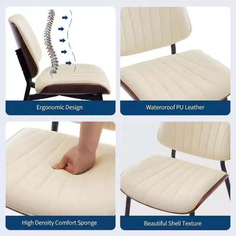 GustoWave Lot de 2 chaises de salle à manger modernes du milieu du siècle, assise en cuir PU, dossier en bois courbé noyer, pieds en métal, cuisine vintage, salle à manger, beige