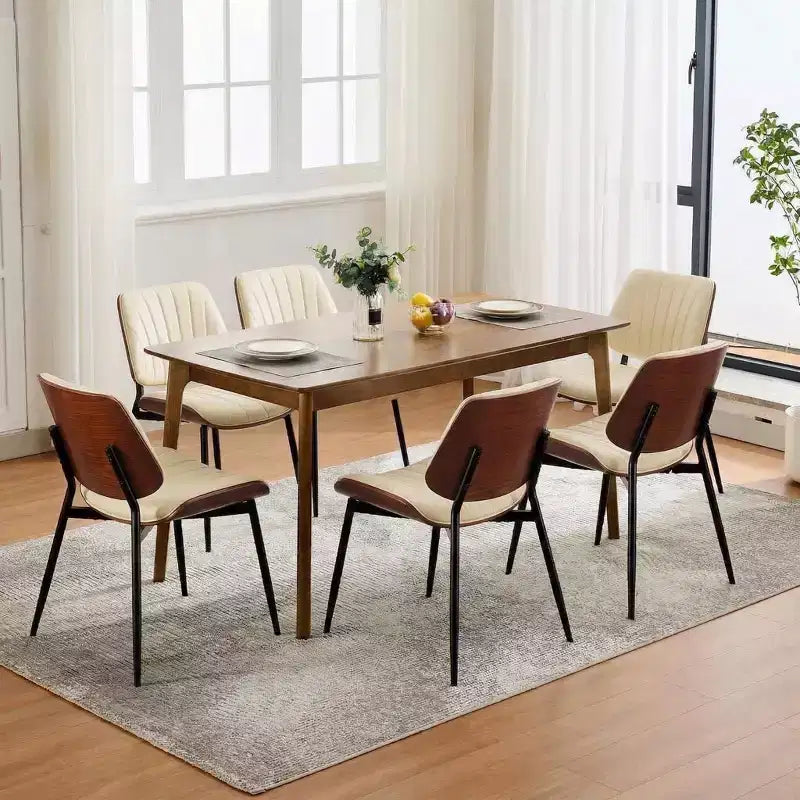 GustoWave Lot de 2 chaises de salle à manger modernes du milieu du siècle, assise en cuir PU, dossier en bois courbé noyer, pieds en métal, cuisine vintage, salle à manger, beige