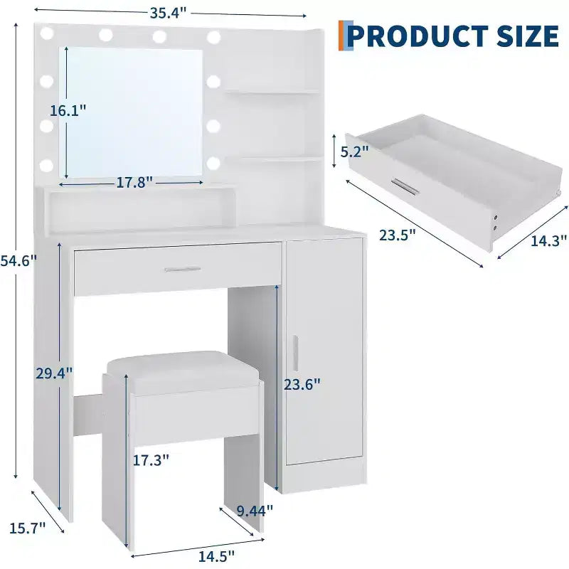 Coiffeuse avec miroir LED réglable, station de charge, tiroir et meuble de rangement, ensemble compact avec tabouret pour chambre et salon