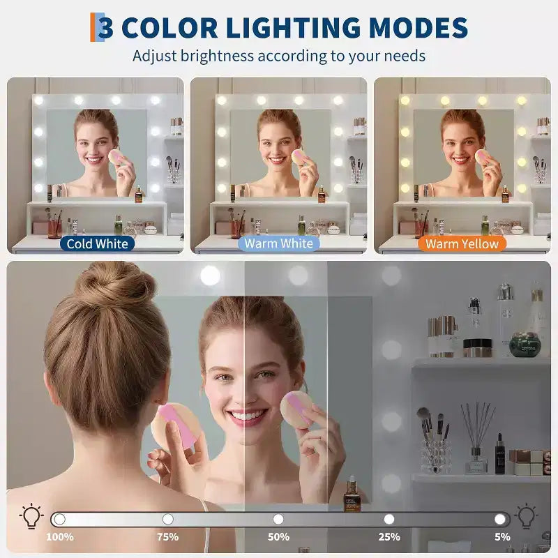 Coiffeuse avec miroir LED réglable, station de charge, tiroir et meuble de rangement, ensemble compact avec tabouret pour chambre et salon
