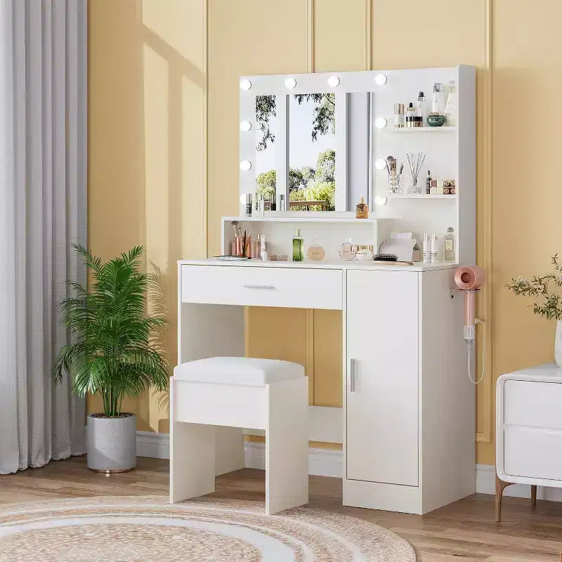Coiffeuse avec miroir LED réglable, station de charge, tiroir et meuble de rangement, ensemble compact avec tabouret pour chambre et salon
