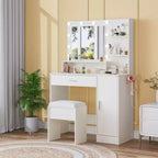 Coiffeuse avec miroir LED réglable, station de charge, tiroir et meuble de rangement, ensemble compact avec tabouret pour chambre et salon