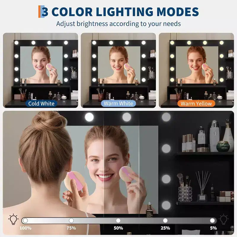 Coiffeuse avec miroir LED réglable, station de charge, tiroir et meuble de rangement, ensemble compact avec tabouret pour chambre et salon