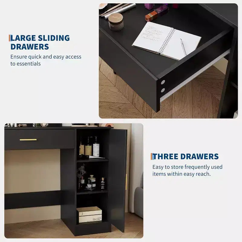 Coiffeuse avec miroir LED réglable, station de charge, tiroir et meuble de rangement, ensemble compact avec tabouret pour chambre et salon