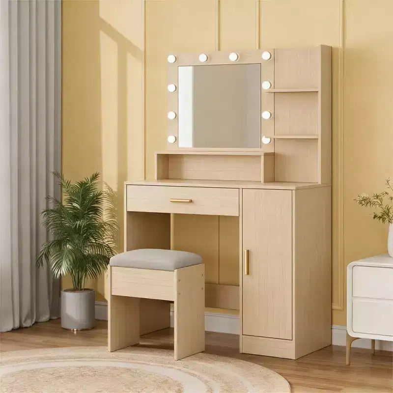 Coiffeuse avec miroir LED réglable, station de charge, tiroir et meuble de rangement, ensemble compact avec tabouret pour chambre et salon