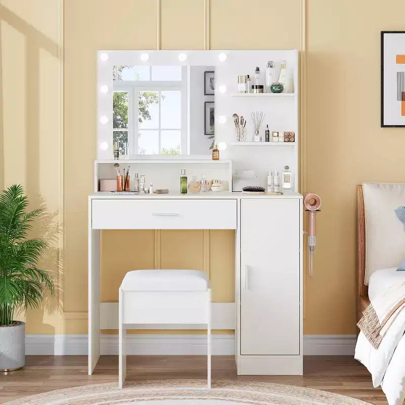 Coiffeuse avec miroir LED réglable, station de charge, tiroir et meuble de rangement, ensemble compact avec tabouret pour chambre et salon