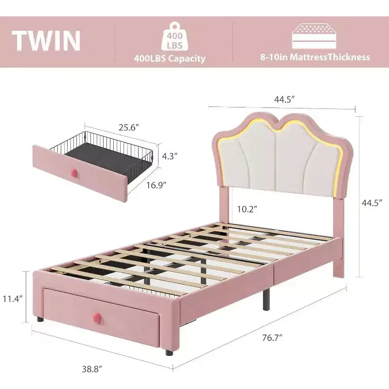 Cadre de lit double avec tiroir et lumières LED, lit plateforme en velours avec tête de lit en forme de pétale, robuste pour les enfants filles, aucun sommier tapissier requis
