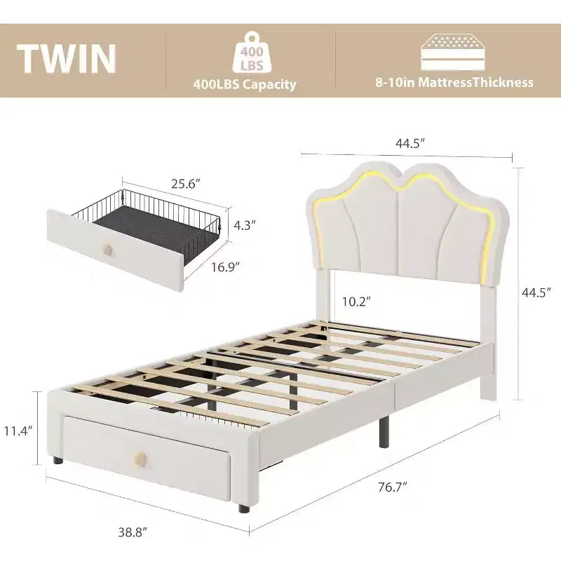 Cadre de lit double avec tiroir et lumières LED, lit plateforme en velours avec tête de lit en forme de pétale, robuste pour les enfants filles, aucun sommier tapissier requis