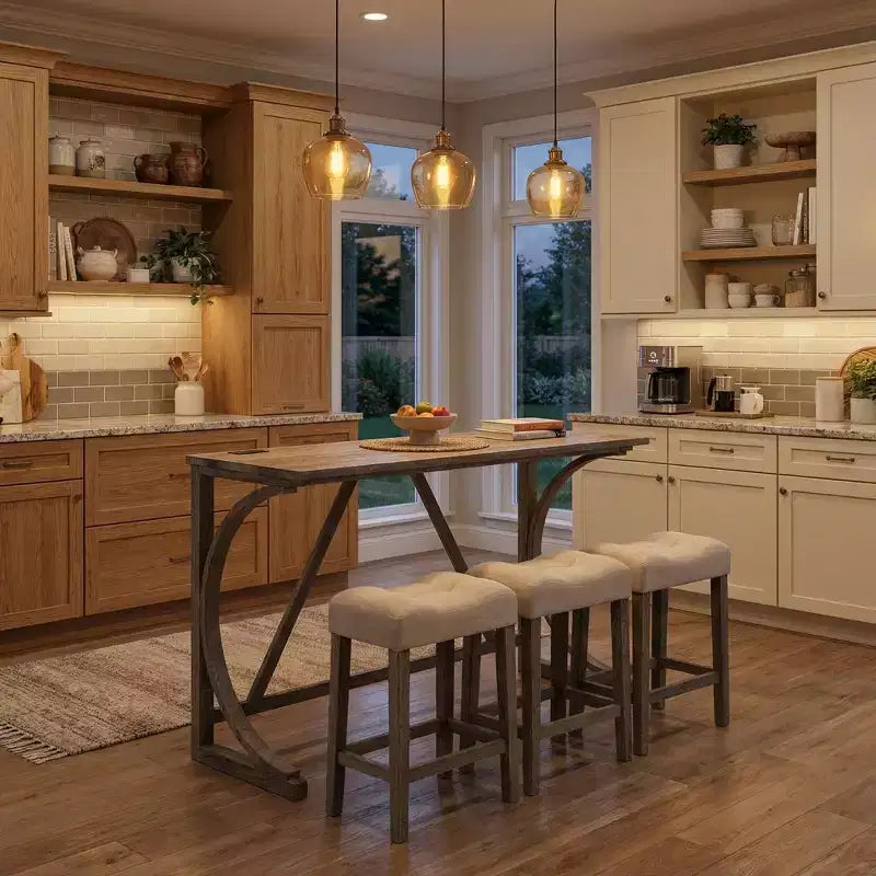Ensemble de table de bar 4 pièces FurnitureR avec 3 tabourets rembourrés, ensemble de salle à manger hauteur comptoir avec chargement USB, bar de cuisine peu encombrant pour petits espaces