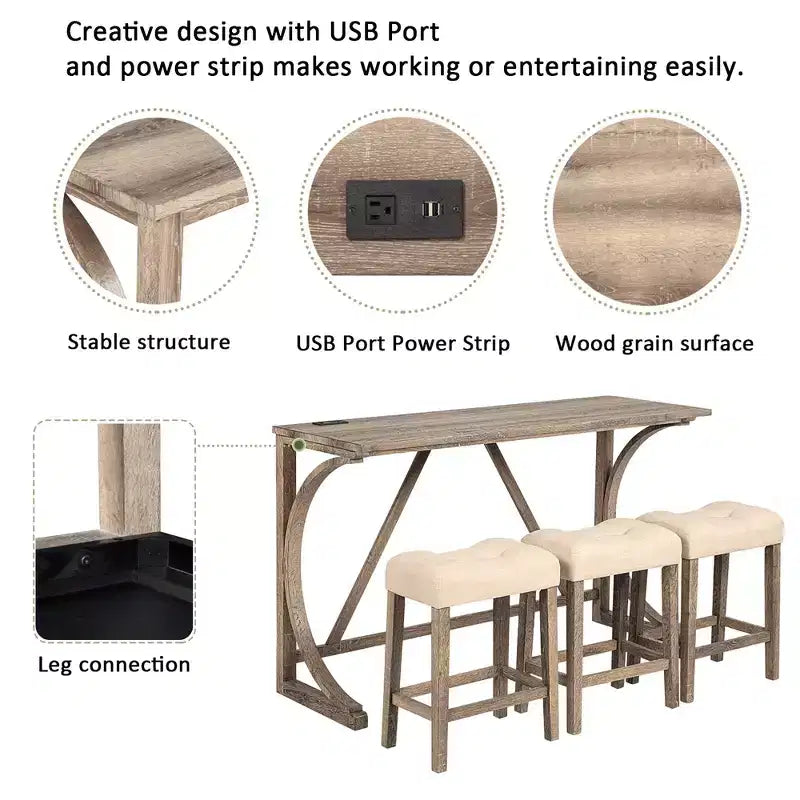 Ensemble de table de bar 4 pièces FurnitureR avec 3 tabourets rembourrés, ensemble de salle à manger hauteur comptoir avec chargement USB, bar de cuisine peu encombrant pour petits espaces