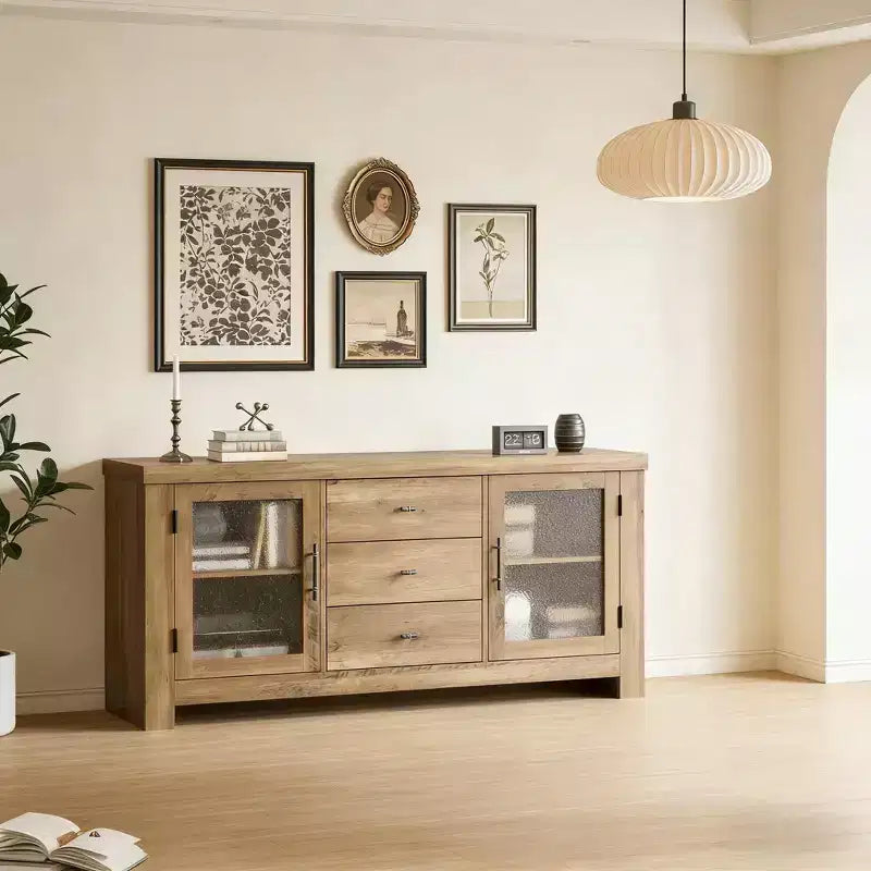 54.4 Buffet Bahut avec 2 Portes en Verre et 3 Tiroirs pour Salon, Cuisine, Salle à Manger